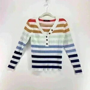 M MEROKEETY Women Stripe Sweater Top Blue Green Red Gold A95 Medium